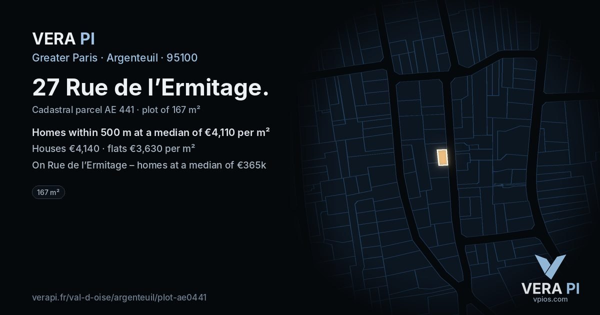 27 Rue de l’Ermitage, Argenteuil at night – the plot lit, the parcels around coloured by the prices near them