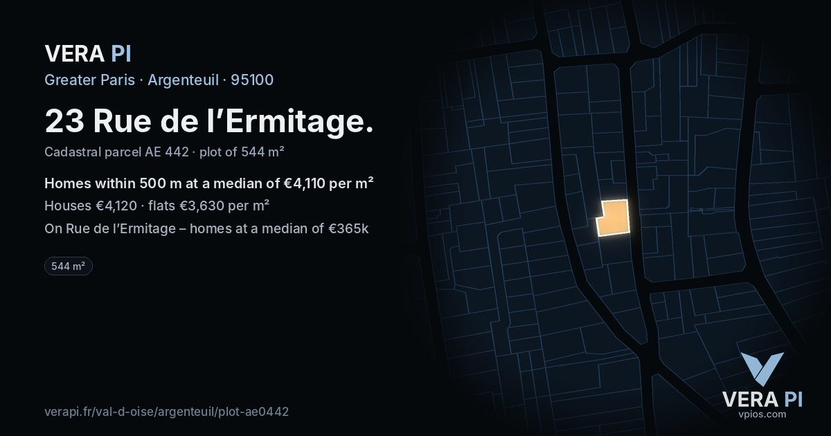 23 Rue de l’Ermitage, Argenteuil at night – the plot lit, the parcels around coloured by the prices near them