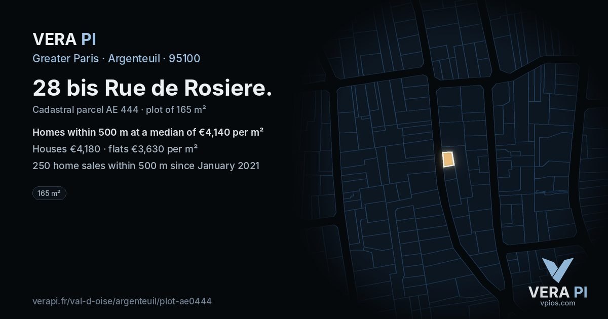 28 bis Rue de Rosiere, Argenteuil at night – the plot lit, the parcels around coloured by the prices near them