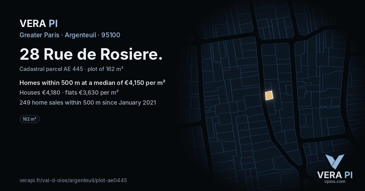 28 Rue de Rosiere, Argenteuil at night – the plot lit, the parcels around coloured by the prices near them