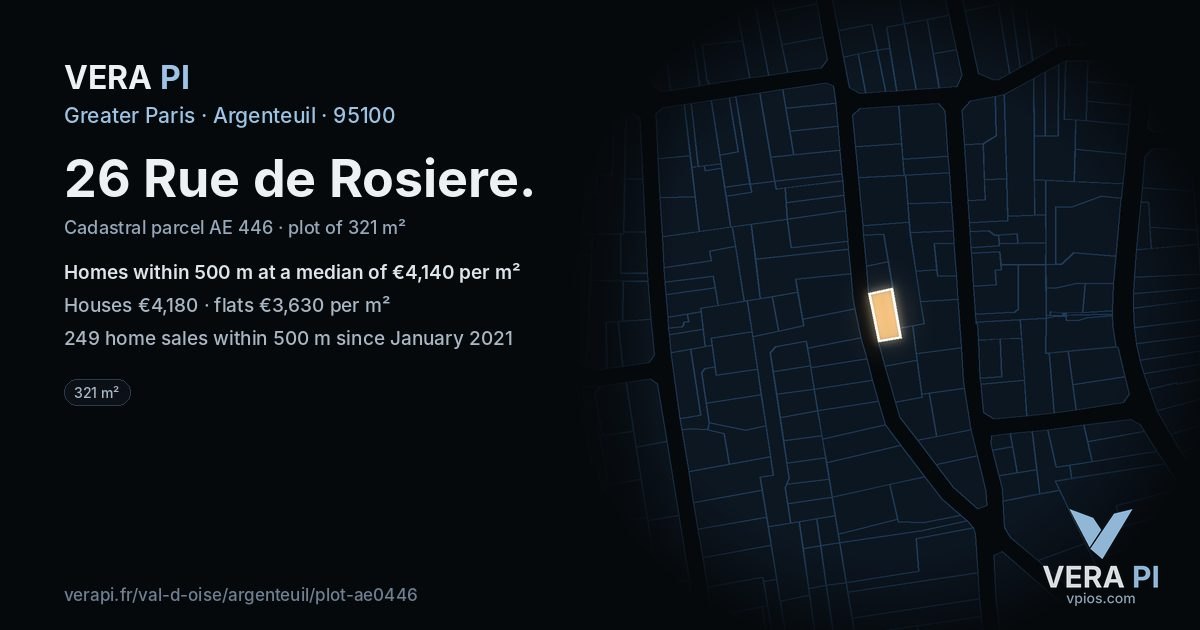 26 Rue de Rosiere, Argenteuil at night – the plot lit, the parcels around coloured by the prices near them