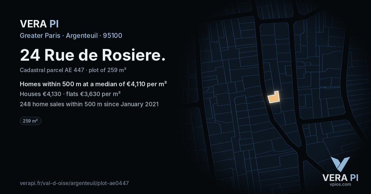 24 Rue de Rosiere, Argenteuil at night – the plot lit, the parcels around coloured by the prices near them
