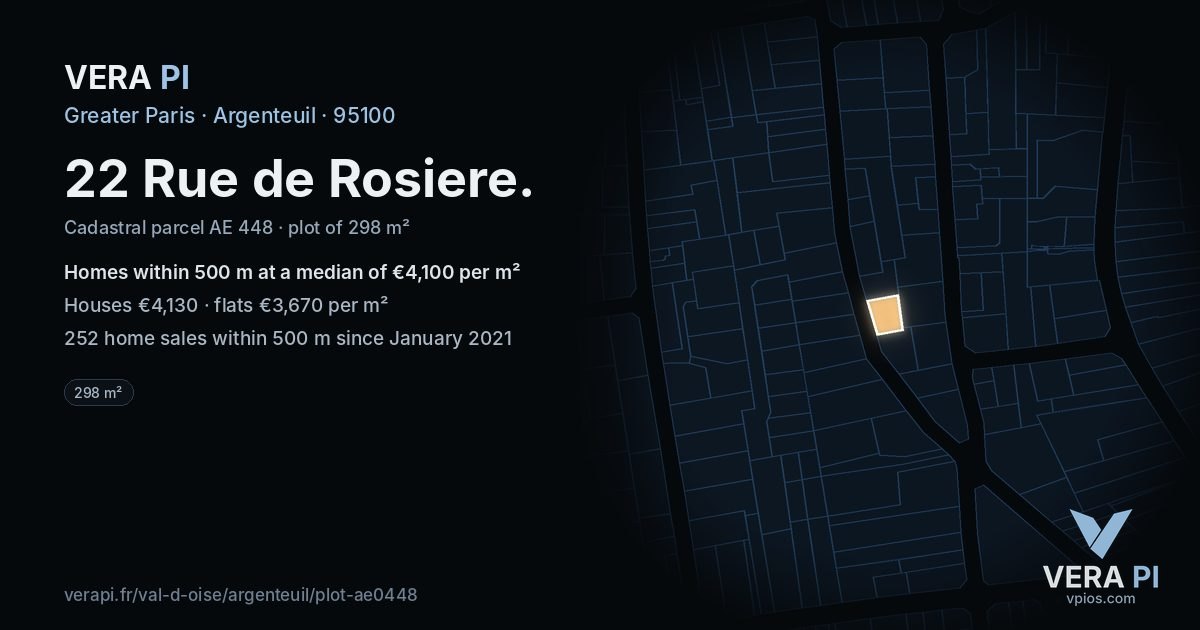 22 Rue de Rosiere, Argenteuil at night – the plot lit, the parcels around coloured by the prices near them
