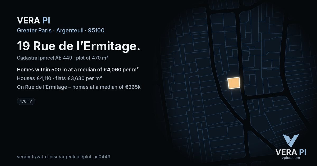 19 Rue de l’Ermitage, Argenteuil at night – the plot lit, the parcels around coloured by the prices near them