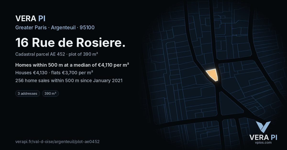 16 Rue de Rosiere, Argenteuil at night – the plot lit, the parcels around coloured by the prices near them