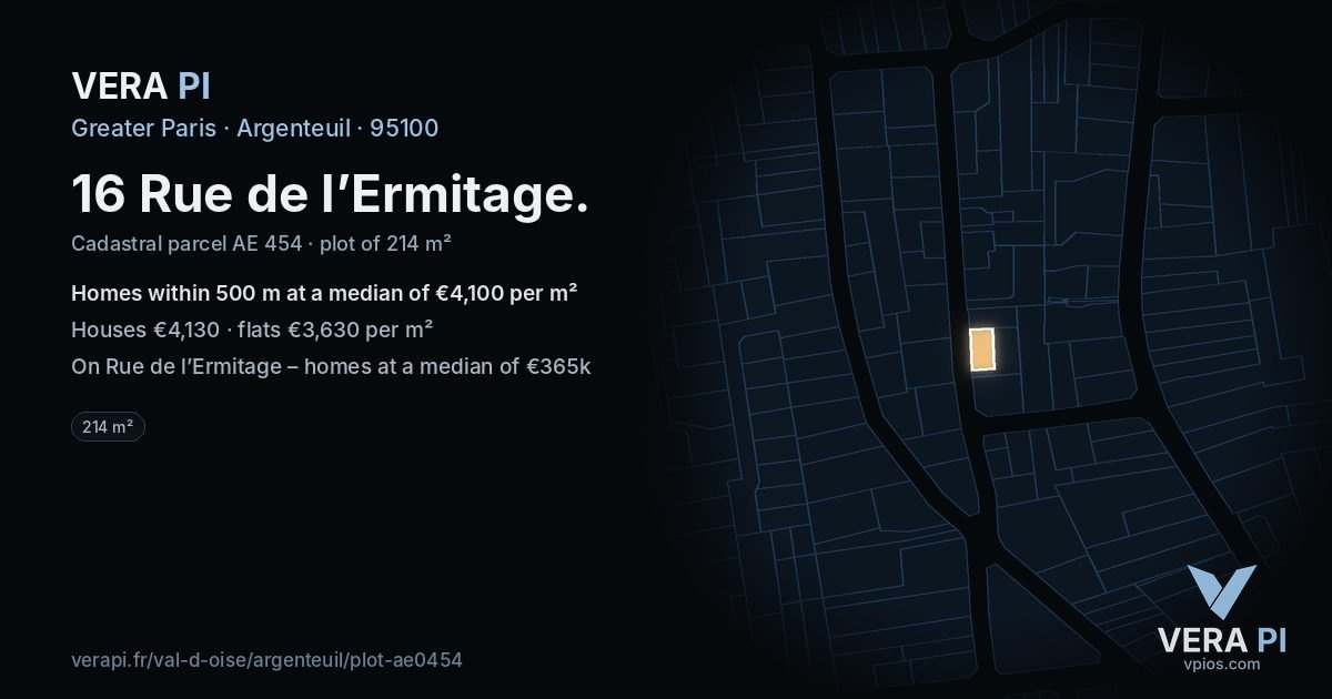 16 Rue de l’Ermitage, Argenteuil at night – the plot lit, the parcels around coloured by the prices near them