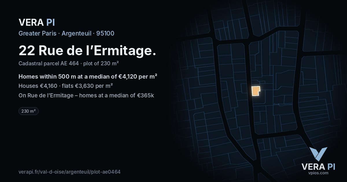 22 Rue de l’Ermitage, Argenteuil at night – the plot lit, the parcels around coloured by the prices near them