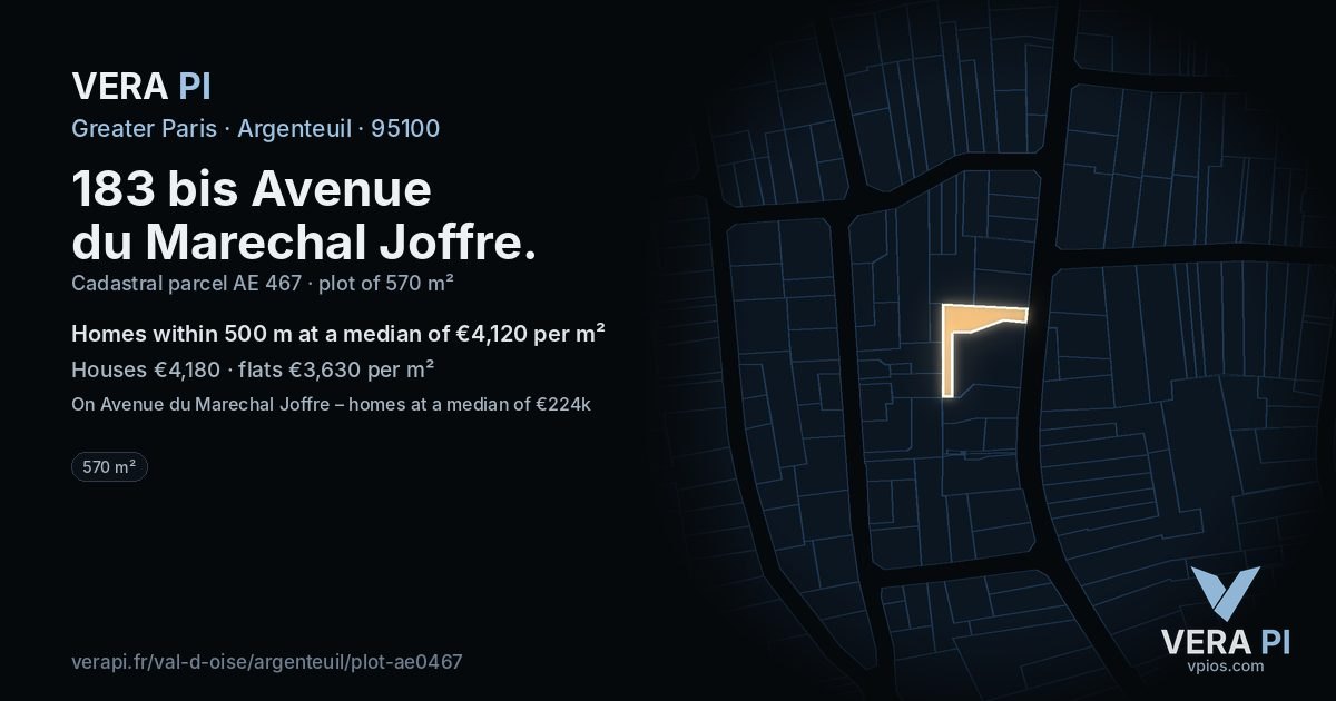 183 bis Avenue du Marechal Joffre, Argenteuil at night – the plot lit, the parcels around coloured by the prices near them