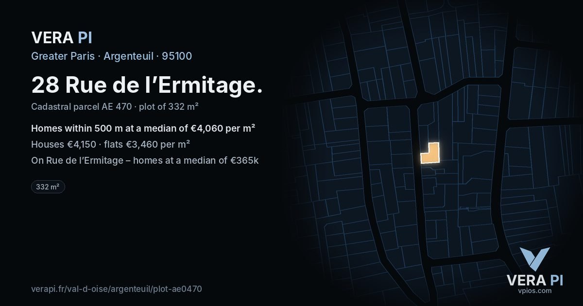 28 Rue de l’Ermitage, Argenteuil at night – the plot lit, the parcels around coloured by the prices near them
