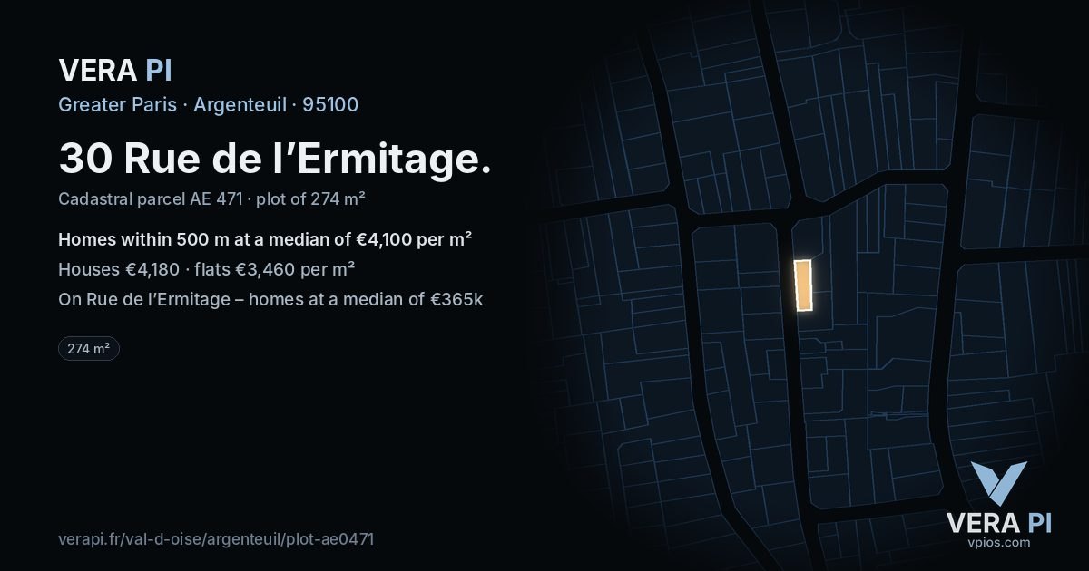 30 Rue de l’Ermitage, Argenteuil at night – the plot lit, the parcels around coloured by the prices near them