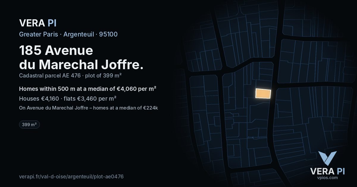 185 Avenue du Marechal Joffre, Argenteuil at night – the plot lit, the parcels around coloured by the prices near them