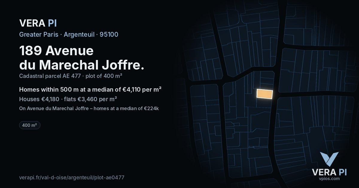 189 Avenue du Marechal Joffre, Argenteuil at night – the plot lit, the parcels around coloured by the prices near them
