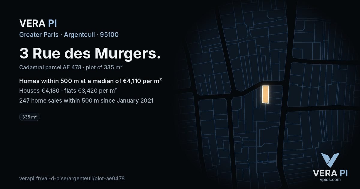 3 Rue des Murgers, Argenteuil at night – the plot lit, the parcels around coloured by the prices near them