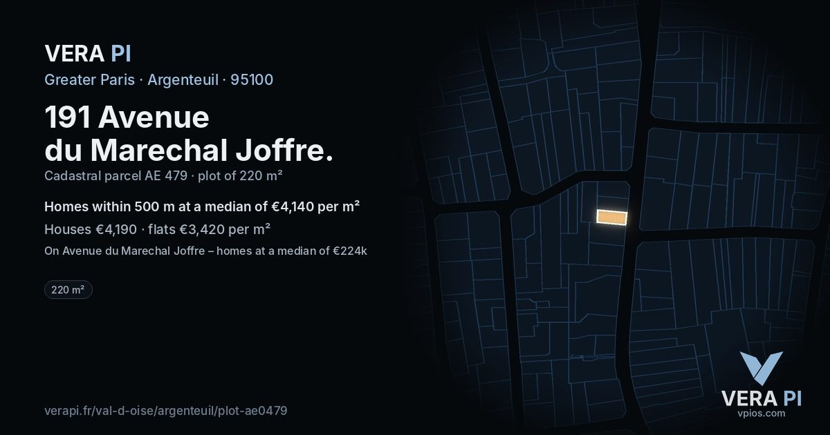191 Avenue du Marechal Joffre, Argenteuil at night – the plot lit, the parcels around coloured by the prices near them