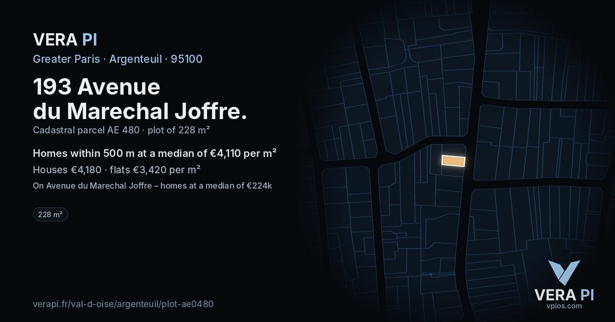 193 Avenue du Marechal Joffre, Argenteuil at night – the plot lit, the parcels around coloured by the prices near them