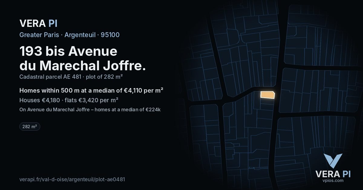 193 bis Avenue du Marechal Joffre, Argenteuil at night – the plot lit, the parcels around coloured by the prices near them