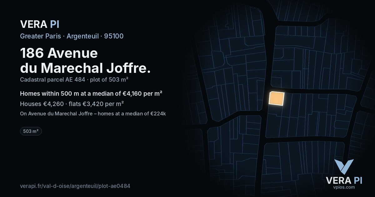 186 Avenue du Marechal Joffre, Argenteuil at night – the plot lit, the parcels around coloured by the prices near them