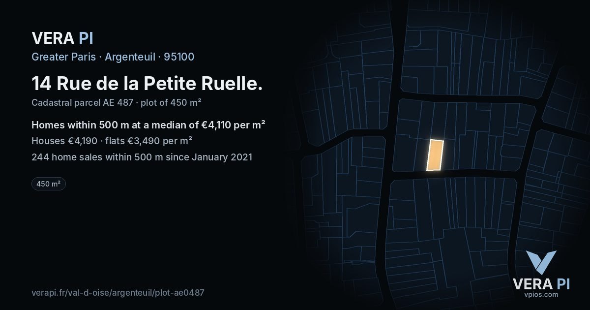 14 Rue de la Petite Ruelle, Argenteuil at night – the plot lit, the parcels around coloured by the prices near them