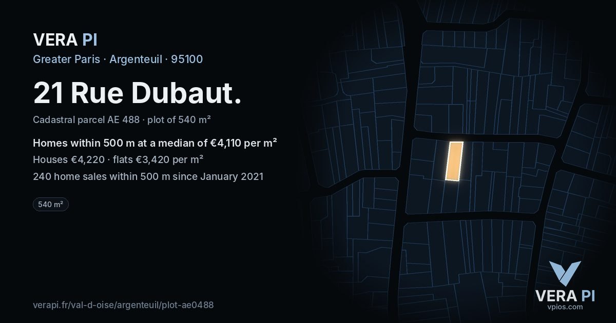 21 Rue Dubaut, Argenteuil at night – the plot lit, the parcels around coloured by the prices near them