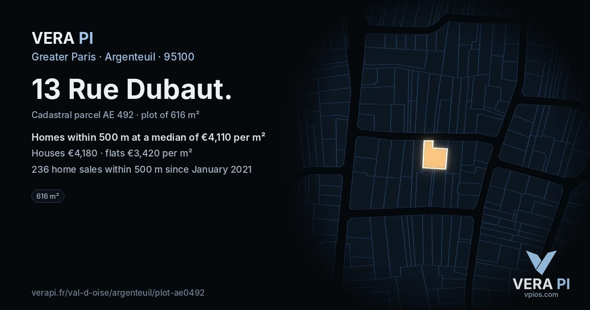 13 Rue Dubaut, Argenteuil at night – the plot lit, the parcels around coloured by the prices near them