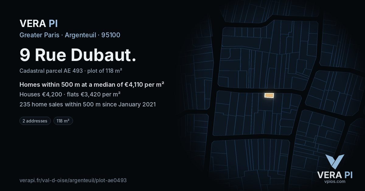 9 Rue Dubaut, Argenteuil at night – the plot lit, the parcels around coloured by the prices near them