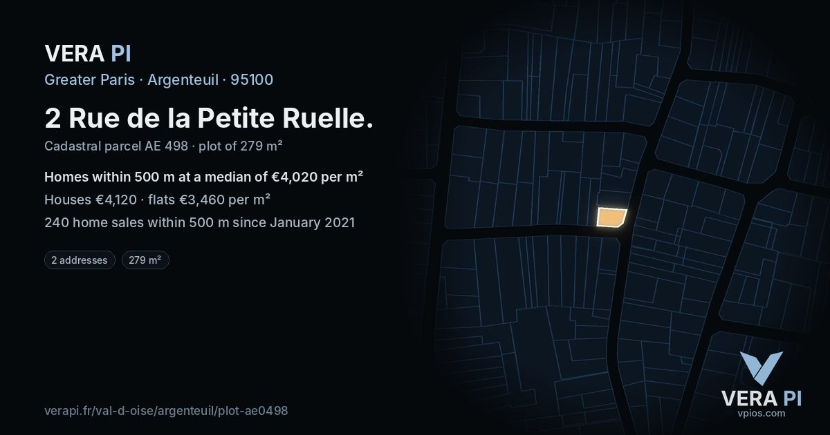 2 Rue de la Petite Ruelle, Argenteuil at night – the plot lit, the parcels around coloured by the prices near them