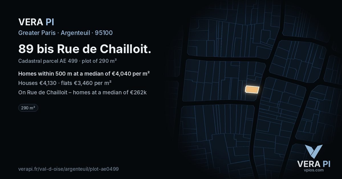 89 bis Rue de Chailloit, Argenteuil at night – the plot lit, the parcels around coloured by the prices near them