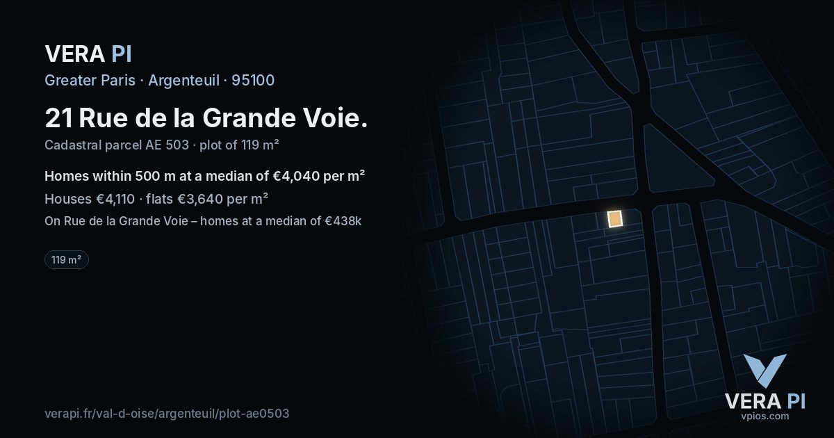 21 Rue de la Grande Voie, Argenteuil at night – the plot lit, the parcels around coloured by the prices near them