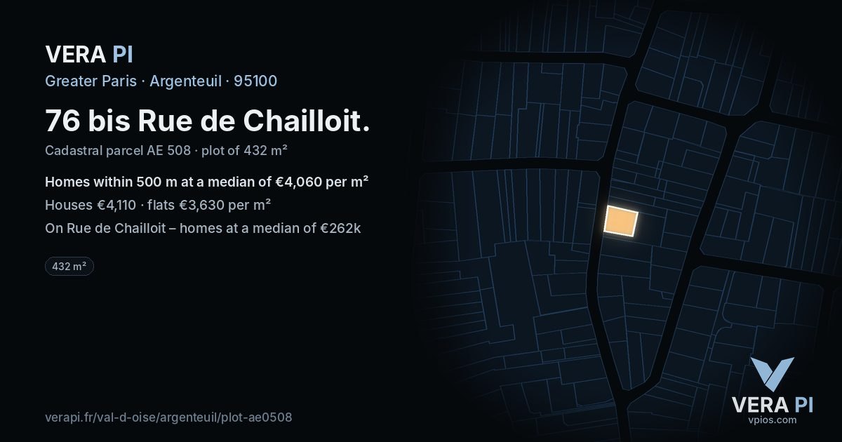 76 bis Rue de Chailloit, Argenteuil at night – the plot lit, the parcels around coloured by the prices near them