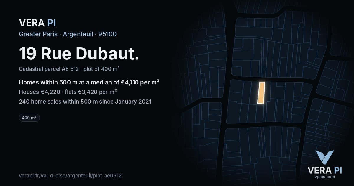 19 Rue Dubaut, Argenteuil at night – the plot lit, the parcels around coloured by the prices near them