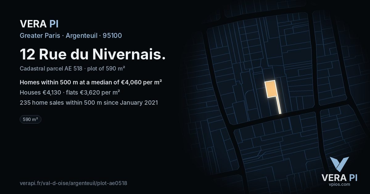 12 Rue du Nivernais, Argenteuil at night – the plot lit, the parcels around coloured by the prices near them