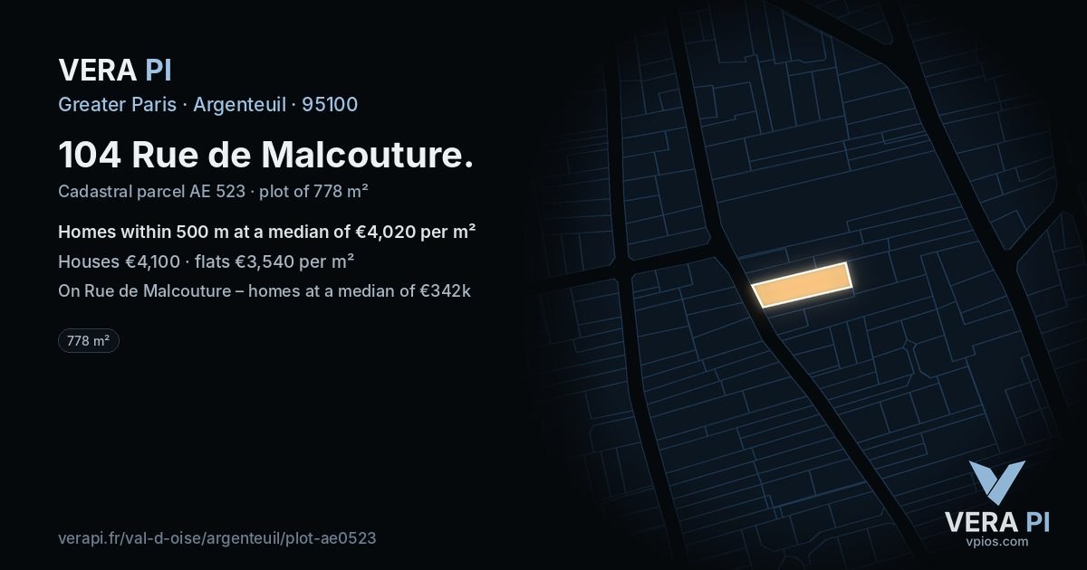 104 Rue de Malcouture, Argenteuil at night – the plot lit, the parcels around coloured by the prices near them