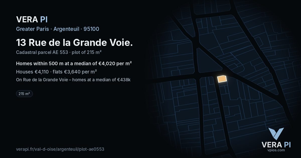 13 Rue de la Grande Voie, Argenteuil at night – the plot lit, the parcels around coloured by the prices near them