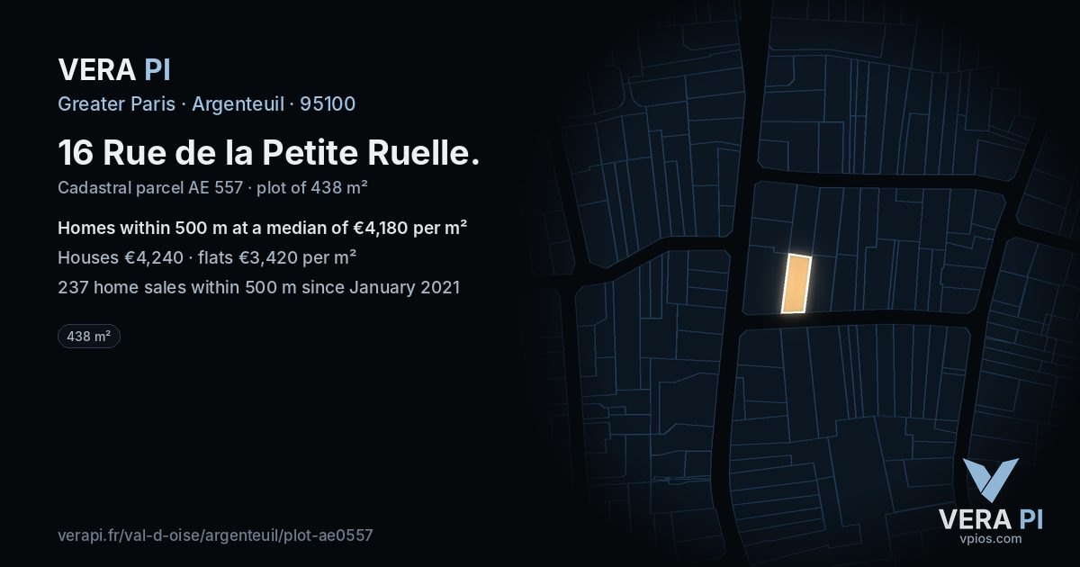 16 Rue de la Petite Ruelle, Argenteuil at night – the plot lit, the parcels around coloured by the prices near them