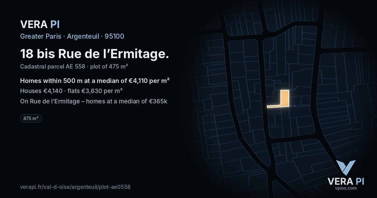 18 bis Rue de l’Ermitage, Argenteuil at night – the plot lit, the parcels around coloured by the prices near them