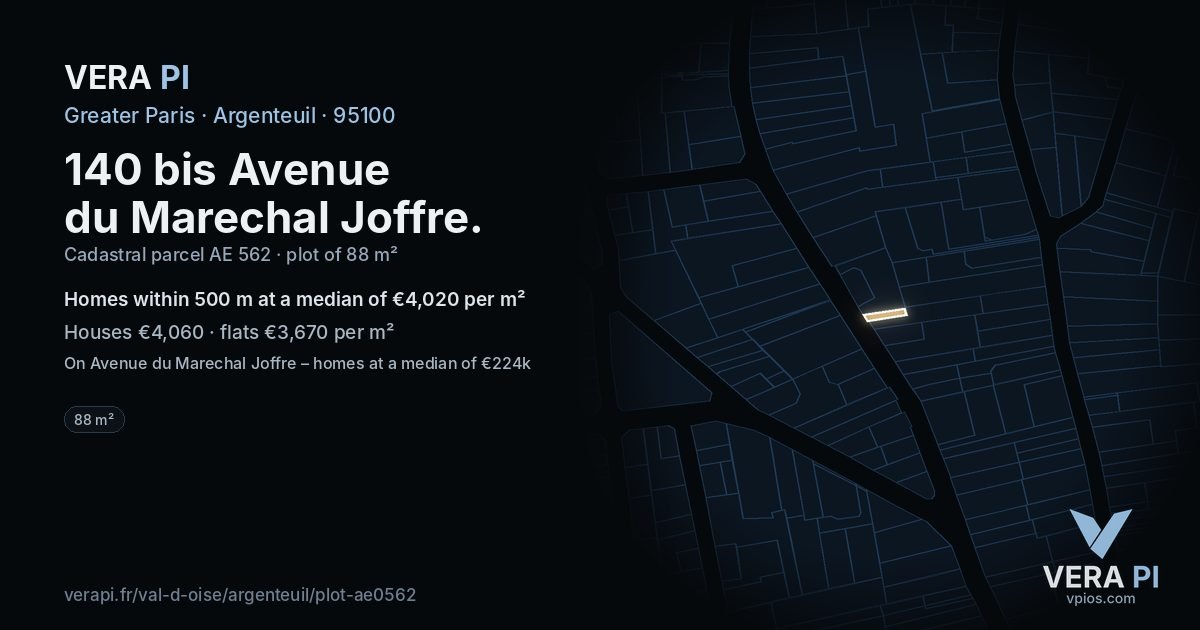 140 bis Avenue du Marechal Joffre, Argenteuil at night – the plot lit, the parcels around coloured by the prices near them