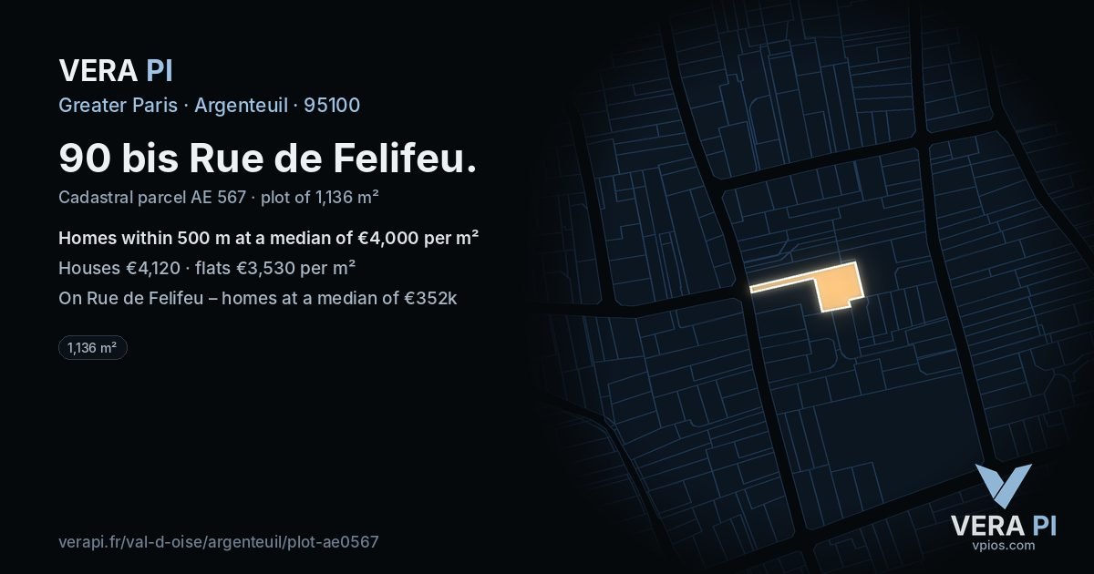90 bis Rue de Felifeu, Argenteuil at night – the plot lit, the parcels around coloured by the prices near them