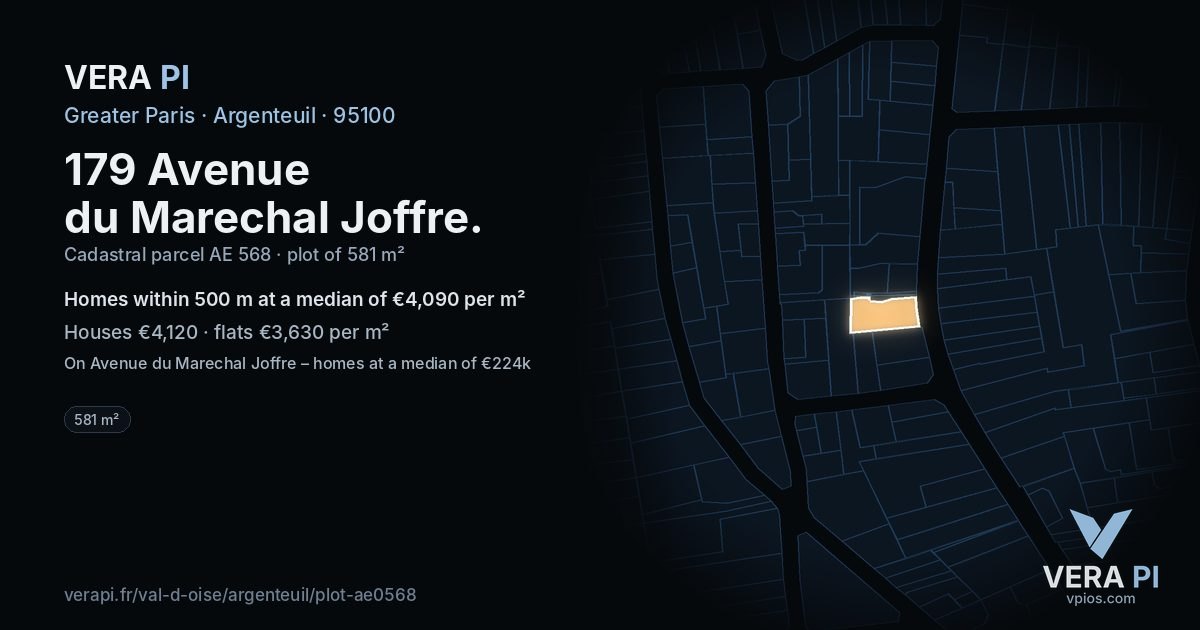 179 Avenue du Marechal Joffre, Argenteuil at night – the plot lit, the parcels around coloured by the prices near them