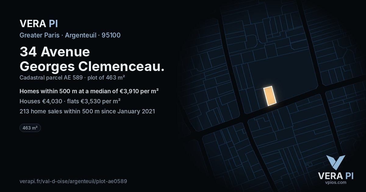 34 Avenue Georges Clemenceau, Argenteuil at night – the plot lit, the parcels around coloured by the prices near them