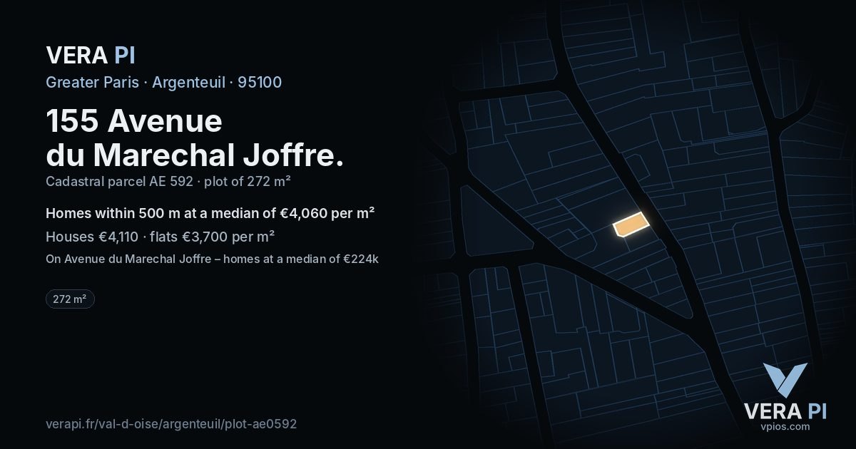 155 Avenue du Marechal Joffre, Argenteuil at night – the plot lit, the parcels around coloured by the prices near them