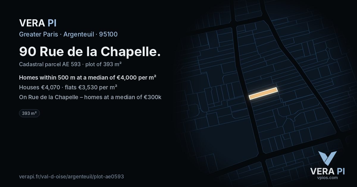 90 Rue de la Chapelle, Argenteuil at night – the plot lit, the parcels around coloured by the prices near them