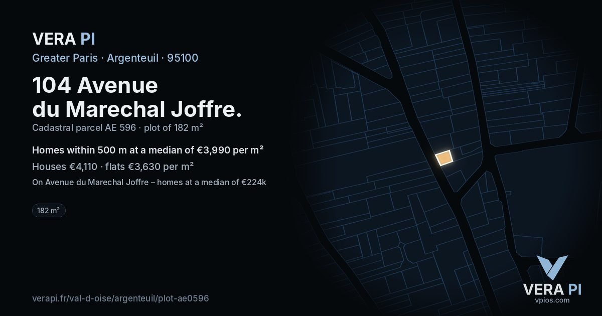 104 Avenue du Marechal Joffre, Argenteuil at night – the plot lit, the parcels around coloured by the prices near them