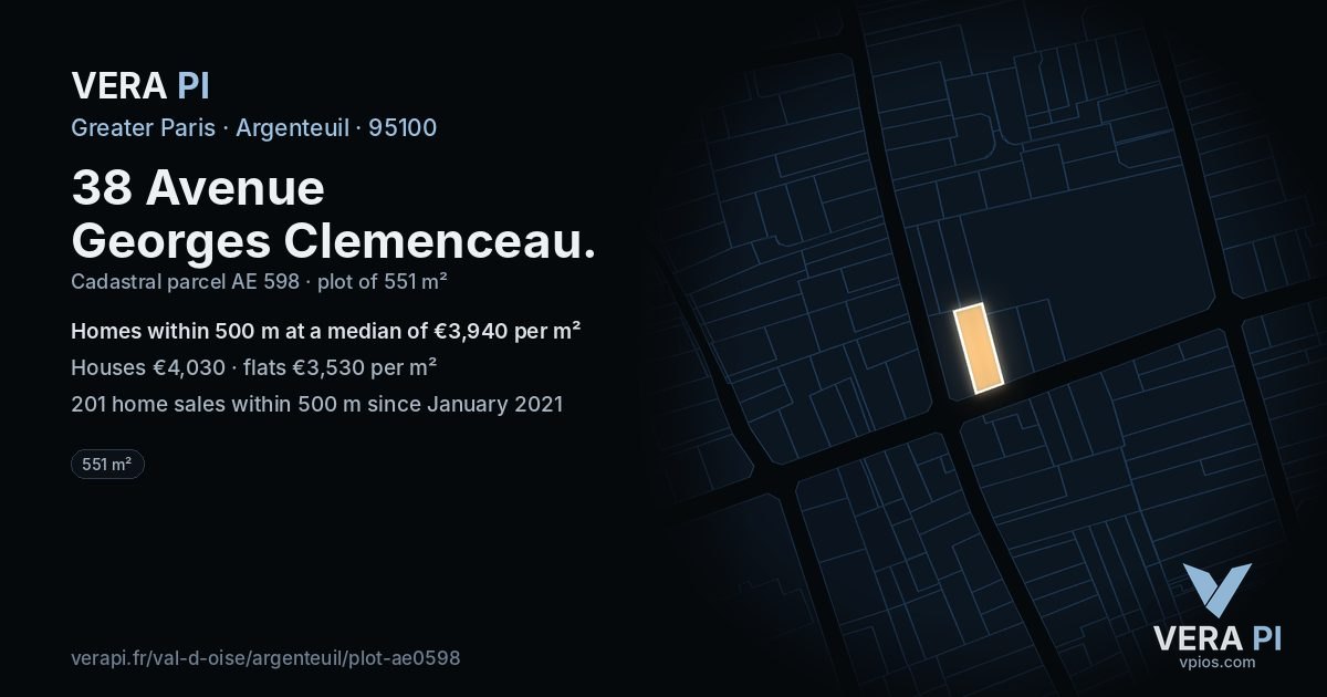 38 Avenue Georges Clemenceau, Argenteuil at night – the plot lit, the parcels around coloured by the prices near them