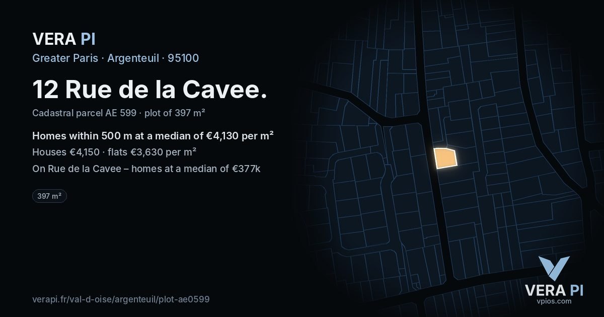 12 Rue de la Cavee, Argenteuil at night – the plot lit, the parcels around coloured by the prices near them