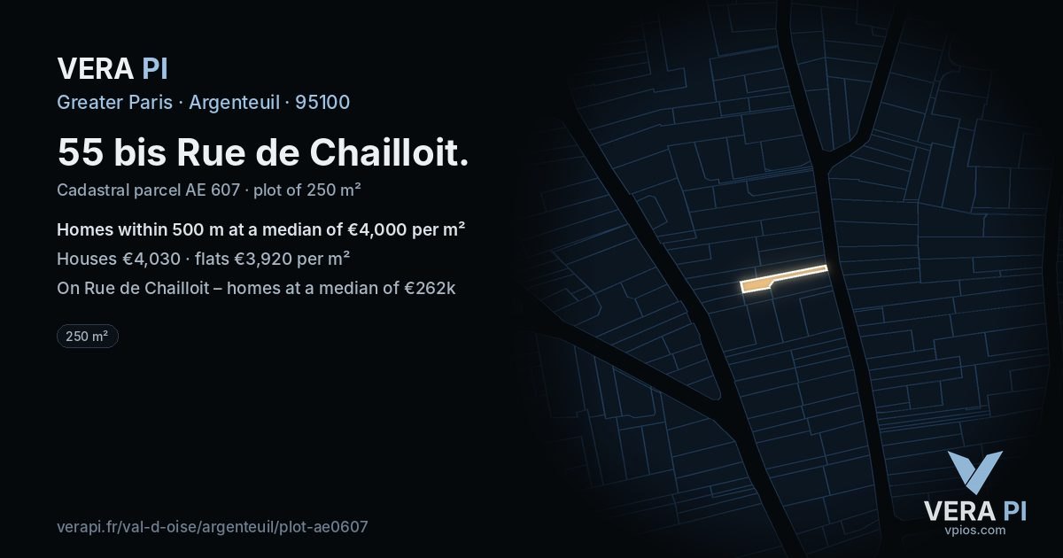 55 bis Rue de Chailloit, Argenteuil at night – the plot lit, the parcels around coloured by the prices near them