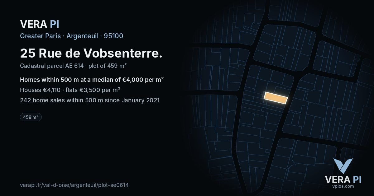 25 Rue de Vobsenterre, Argenteuil at night – the plot lit, the parcels around coloured by the prices near them