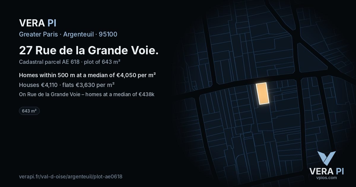 27 Rue de la Grande Voie, Argenteuil at night – the plot lit, the parcels around coloured by the prices near them