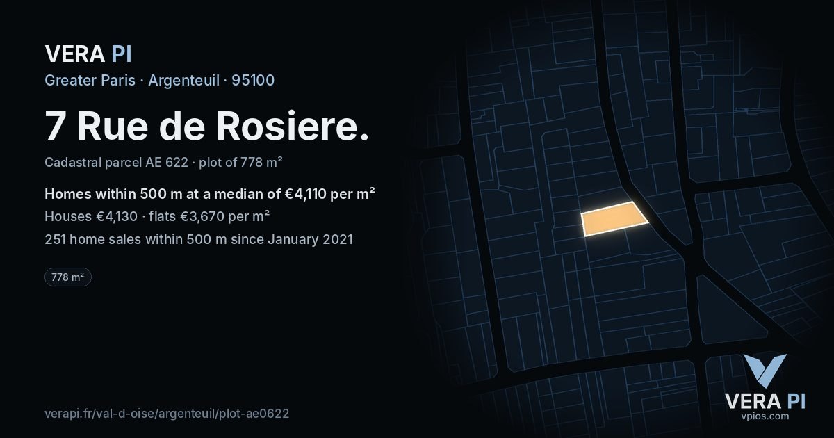 7 Rue de Rosiere, Argenteuil at night – the plot lit, the parcels around coloured by the prices near them