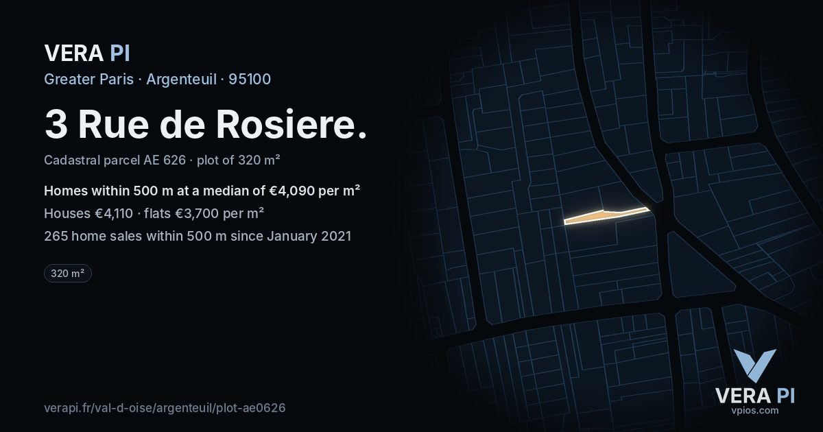 3 Rue de Rosiere, Argenteuil at night – the plot lit, the parcels around coloured by the prices near them