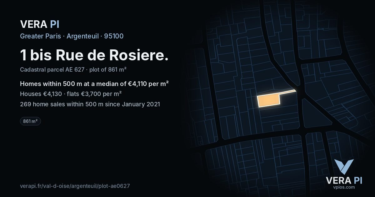 1 bis Rue de Rosiere, Argenteuil at night – the plot lit, the parcels around coloured by the prices near them